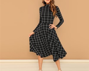 Women's Fit And Flare Black Plaid Dress