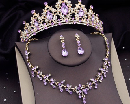 Gorgeous Purple Crystal Luxury Bridal Jewelry Sets for Women Crown Tiaras Earrings Bride Necklace Sets Prom Wedding Crown Set