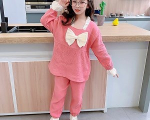 4-15Y Girls Sets Bow Boys Pajama Kids Waffle Cotton Home Clothes Pink Green Blue Sets Square Pigiama Children Suits 2-Pack