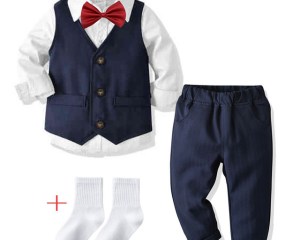 Baby Boys Boys Clothes Set Kid Boys Formal Gentleman Suits Birthday Party Dress Long Sleeve Tie Shirt Vest Trousers Socks 5Pcs