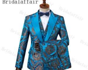 Bridalaffair Shinny Lake Blue Men suits 3 Pieces Autumn Banquet series Groom Men Wedding Tuxedos Men Party Suits Peak Lapel