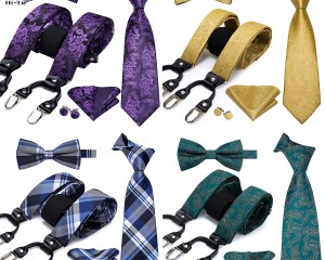 Hi-Tie Jacquard Silk Mens Suspender Set 6 Clips Braces Vintage Suspenders Bowtie Tie Hankerchief Cufflinks Adult Male Dad Gift