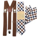 Hot Top Brown Plaid Men Elastic Suspender Cotton Necktie Hankie Sets Wedding Party Adjustable Brace Straps Cravat Gift Accessory