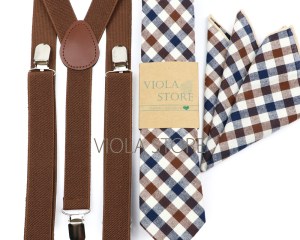 Hot Top Brown Plaid Men Elastic Suspender Cotton Necktie Hankie Sets Wedding Party Adjustable Brace Straps Cravat Gift Accessory