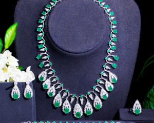 Pera Expensive Looking Matte Green Cubic Zirconia 4Pcs Waterdrop Pendant Necklace Earring Bridal Wedding Party Jewelry Sets J502