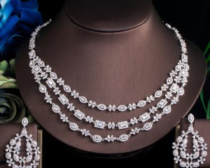 ThreeGraces Brilliant White Cubic Zirconia 3 Layers Big Nacklace Earrings Bridal Wedding Engagemen Jewelry Set for Women TZ542