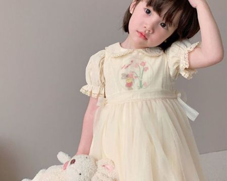 1-10Y New Baby Kid Girl Spring Summer Cream Color Kids infant Dresses Children Doll Collar Embroidered Yarn Dress Girls Clothes