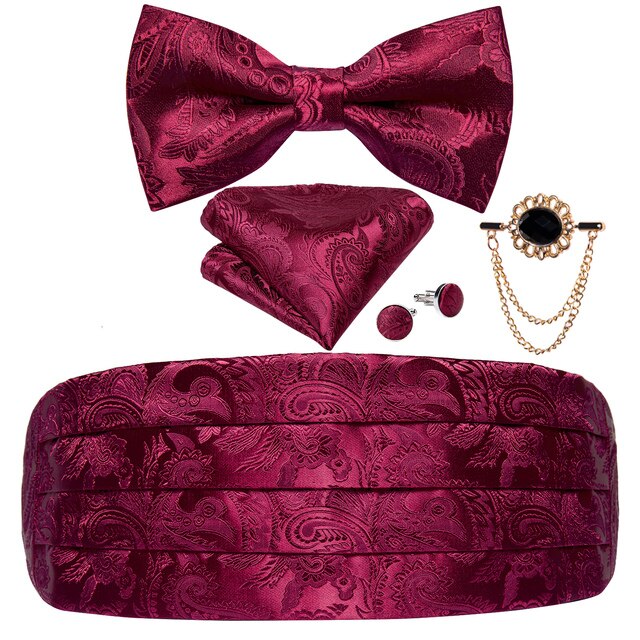 Black Floral Silk Wedding Men's Cummerbunds Bow Tie Brooch Set Tuxedo Formal Wide Belt Ceremonial Belt Elastic Waistband DiBanGu - Image 4