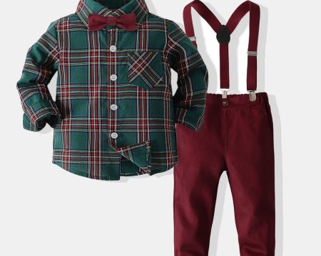 Boys' Gentleman Casual Plaid Shirt Suspender Suit 2021 Autumn New Children's First Year Dress Gentleman Suit