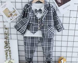 Boys' Gentleman Casual Plaid Shirt Suspender Suit Autumn New Children's First Year Dress Gentleman Suit