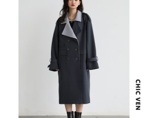 CHIC VEN Women Trench Solid Loose Contrast Double Collar Double Breasted Long Women's Windbreaker Coat Office Lady Spring