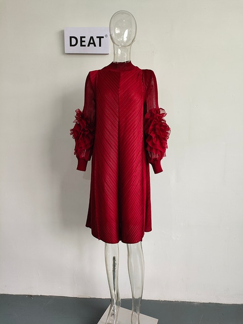 DEAT Woman Pleated Midi Dress Ruffles Mesh Long Sleeve Half Turtleneck Vintage Style Elegant Early Autumn Fashion 15AB262 - Image 3