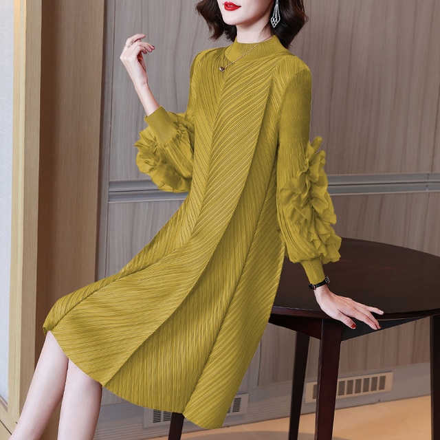 DEAT Woman Pleated Midi Dress Ruffles Mesh Long Sleeve Half Turtleneck Vintage Style Elegant Early Autumn Fashion 15AB262 - Image 4