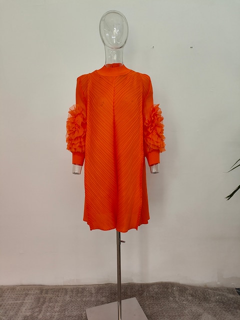 DEAT Woman Pleated Midi Dress Ruffles Mesh Long Sleeve Half Turtleneck Vintage Style Elegant Early Autumn Fashion 15AB262 - Image 5