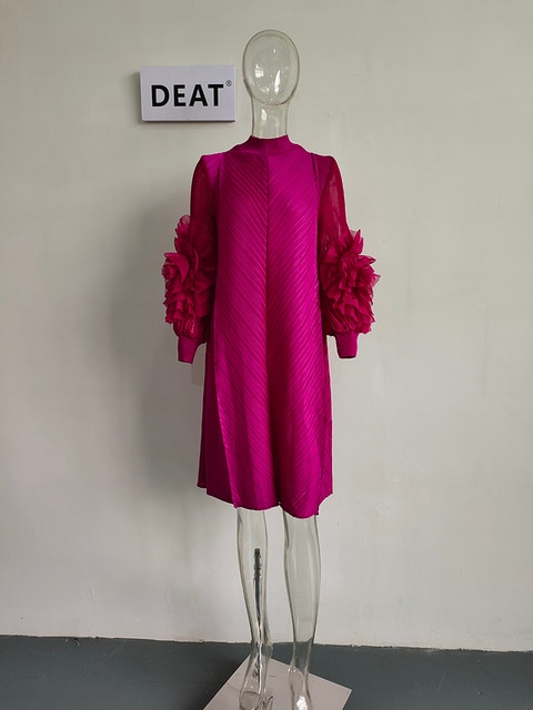 DEAT Woman Pleated Midi Dress Ruffles Mesh Long Sleeve Half Turtleneck Vintage Style Elegant Early Autumn Fashion 15AB262 - Image 6