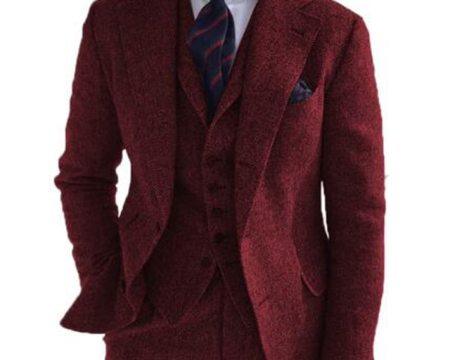 Gray Wool Tweed Winter Men Suit's For Wedding Formal Groom Tuxedo Herringbone Male Fashion 3 Piece (Jacket +Vest +Pants+Tie)