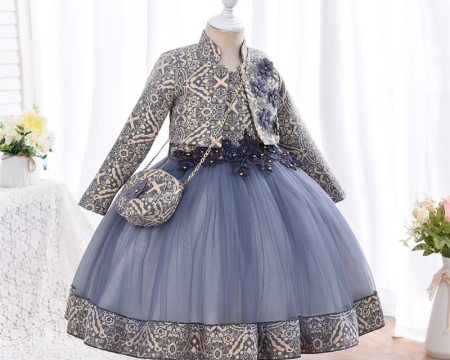 Outong 3pcs Spanish Style Dress Cotton Lining Jaquard Fabric Girls Kids Fashion Clothes Children Dresses Mandarain Collar Coat
