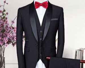 Thorndike Men Suits 3 Pieces Black Fit Casual Groomsmen Army Lapel Business Tuxedos for Formal Wedding(Blazer+Pants+Vest)