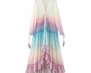 Women's Summer Bohemian Dress Printing Gradient Elegant Maxi Dress Patchwork Rainbow Color Party Dress Ruffles Sweet Vestidos