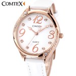 COMTEX Watch Women Wristwatch Casual Fashion Female Crystal Red Leather Watch Luxury Brand Quartz Watch Bracelet for Girl Clock