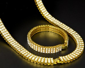 Men Hip Hop Rock Gold Silver Bling 3 Three Rows Rhinestone Pharaoh Jewelry Set Miami Cuban Chain 30" CZ Necklace Bracelet Set