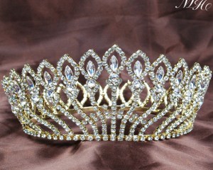 Gold Flower Full Round Bridal Wedding Crown Clear Rhinestone Crystal Large Tiara Headband Pageant Hair Jewelry Accessories