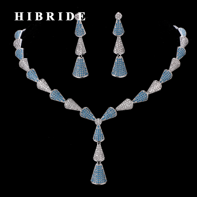 HIBRIDE Beautiful White And Blue CZ Ston Pave Women Jewelry Sets Female Necklace Earrings For Travel Party Show N-187