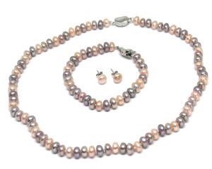 Fashion Women's Fine 7-8mm Necklace/Earring/Bracelet Jewelry Set Multicolor S925 Silver Button Fashwater Pearl Jewelry