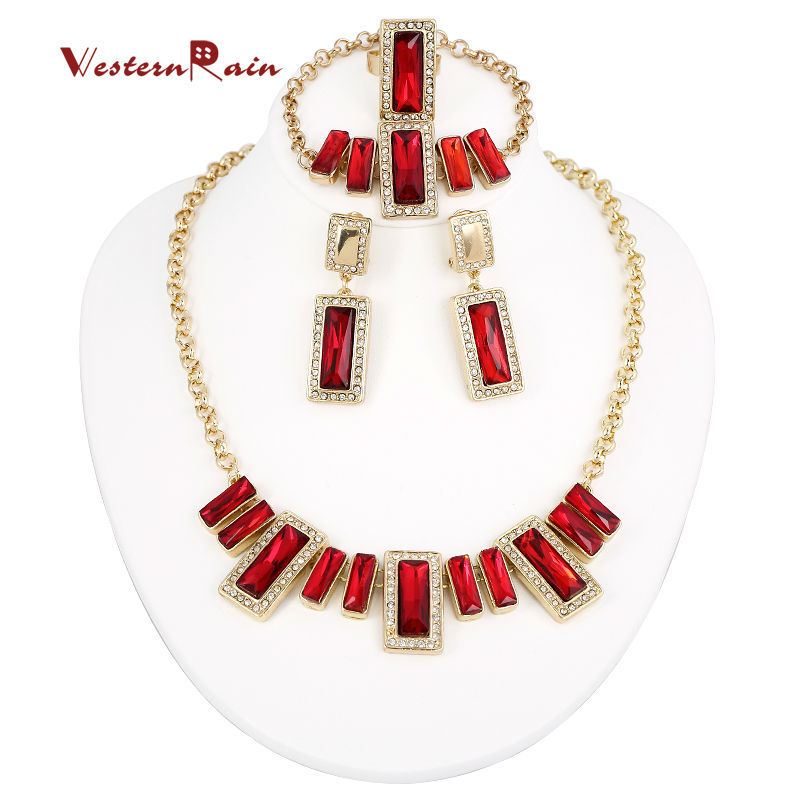 WesternRain Fashion Red/Blue Crystal Rhinestone African Beads Bridal Wedding Prom Party Jewelry Set US Statement Jewelry - Image 7