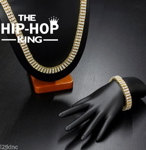 High Quality Men's Gold Color Hip-Hop Jewelry Set Iced Out 30" 3 Row Rhinestone Bling Bling 30inch Chain & 8 inch Bracelet