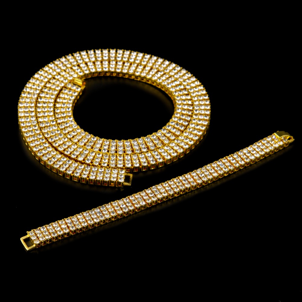 High Quality Men's Gold Color Hip-Hop Jewelry Set Iced Out 30" 3 Row Rhinestone Bling Bling 30inch Chain & 8 inch Bracelet - Image 6