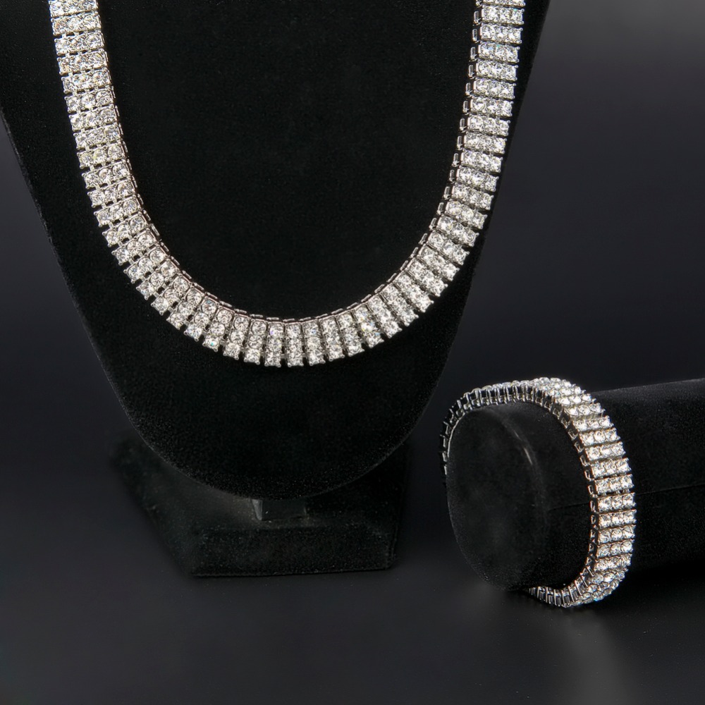 High Quality Men's Gold Color Hip-Hop Jewelry Set Iced Out 30" 3 Row Rhinestone Bling Bling 30inch Chain & 8 inch Bracelet - Image 3