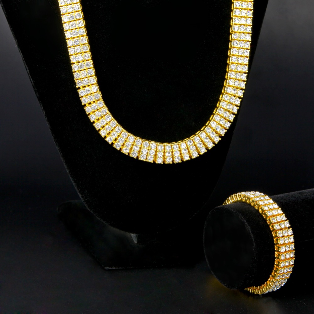 High Quality Men's Gold Color Hip-Hop Jewelry Set Iced Out 30" 3 Row Rhinestone Bling Bling 30inch Chain & 8 inch Bracelet - Image 5