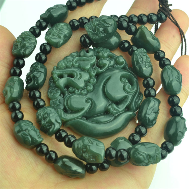 Natural Green Hetian Jades Pendant 3D Carved PIXIU + 18 Arhat Heads Beads Necklace Pendants Men's Amulet Nephrite Jades Jewelry - Image 6