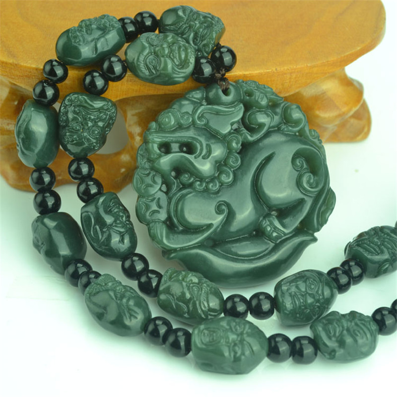 Natural Green Hetian Jades Pendant 3D Carved PIXIU + 18 Arhat Heads Beads Necklace Pendants Men's Amulet Nephrite Jades Jewelry - Image 3
