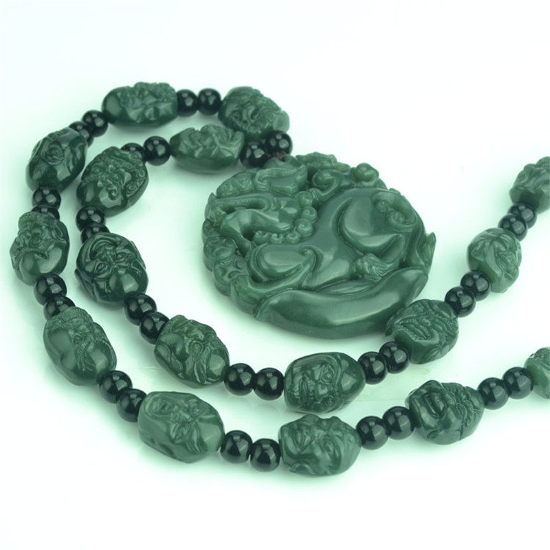Natural Green Hetian Jades Pendant 3D Carved PIXIU + 18 Arhat Heads Beads Necklace Pendants Men's Amulet Nephrite Jades Jewelry - Image 5