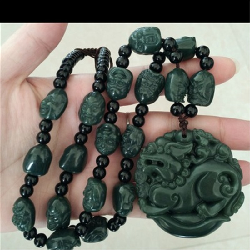 Natural Green Hetian Jades Pendant 3D Carved PIXIU + 18 Arhat Heads Beads Necklace Pendants Men's Amulet Nephrite Jades Jewelry - Image 7