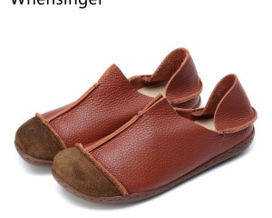 Whensinger - 2020 Woman Shoes Summer Spring Genuine Leather Loafers Solid Slip-On Round Toe Handmade Flats 205