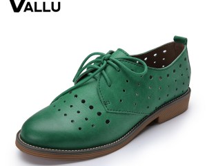 2020 VALLU Genuine Leather Women Brogue Shoes Flat Heels Round Toes Lace Up Hollow Out Handmade Shoes Woman Green Yellow Gray