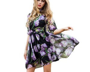 Fashion Dress Summer Spring New  Women's 2020 New Half Lantern Sleeve Purple Flowers Printed Emrboidery A-line Dress