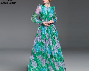 High Quality 2020 Summer Runway Maxi Dress Women's Long Sleeve Floor Length Boho Beach Party Floral Printed Casual Long Dress