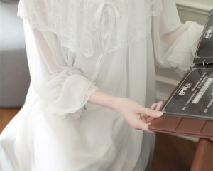 Lace Modal Nightgown Women Lace Long Nightdress Home dress Sweet Lady Dressing Gown Morning Dress Light Blue Sleepwear One Piece