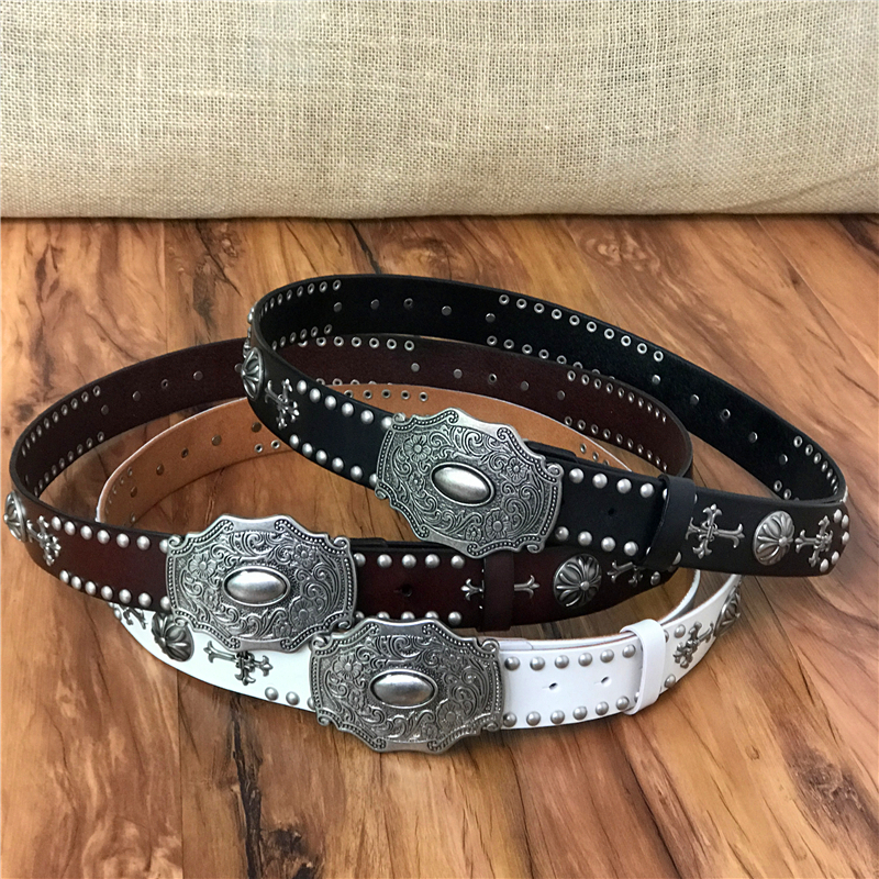 Genuine Leather Cowboy Belt Buckle Vintage Metal Rivet Punk White Belts For Men Cross Rock Jeans Belt Ceinture Homme MBT0171 - Image 7