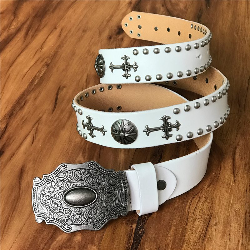 Genuine Leather Cowboy Belt Buckle Vintage Metal Rivet Punk White Belts For Men Cross Rock Jeans Belt Ceinture Homme MBT0171 - Image 3