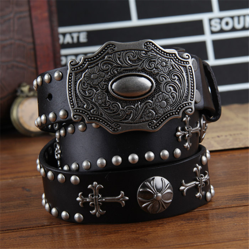 Genuine Leather Cowboy Belt Buckle Vintage Metal Rivet Punk White Belts For Men Cross Rock Jeans Belt Ceinture Homme MBT0171 - Image 5