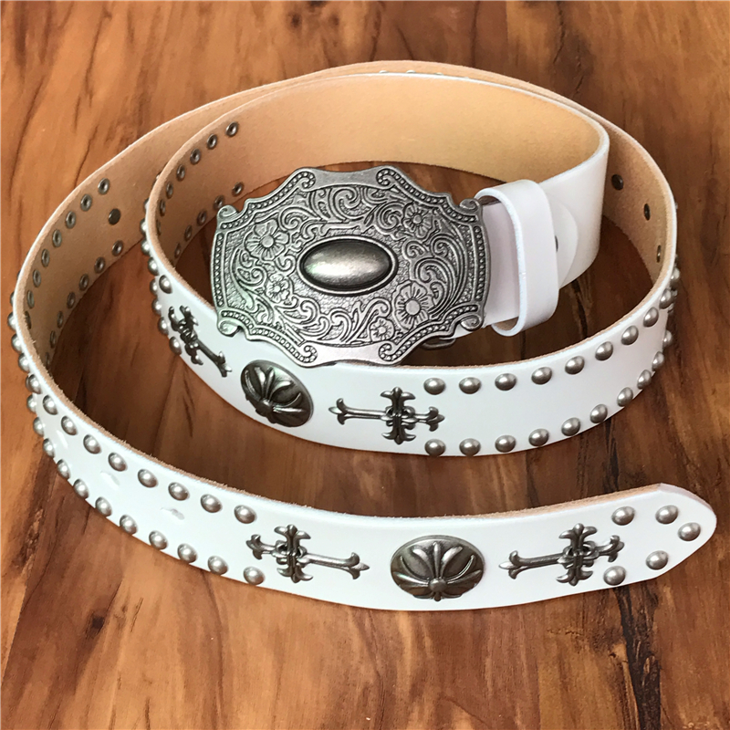 Genuine Leather Cowboy Belt Buckle Vintage Metal Rivet Punk White Belts For Men Cross Rock Jeans Belt Ceinture Homme MBT0171 - Image 4
