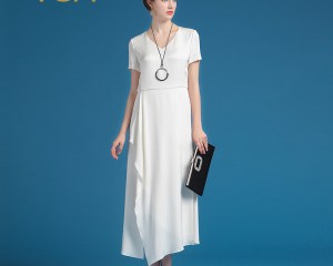 VOA 2020 Summer Silk Women White Office Dress Fashion Short Sleeve Slim Irregular Maxi Dress Brief Pure Plus Size Dress ALX03501