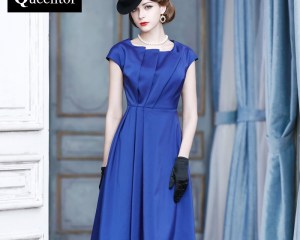 QUEENTOR 2020 brand vestidos de fiesta summer short sleeve high-end vintage blue midi party dresses women