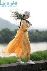 LinenAll.com cwomen's dress, summer thin ramie yellow double layer lacing on both sides loose dress gown female YIJIU