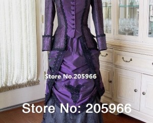 18th Century Victorian Dark Purple  Venice Lace Trimmed Bustle Day Dress Event Dress